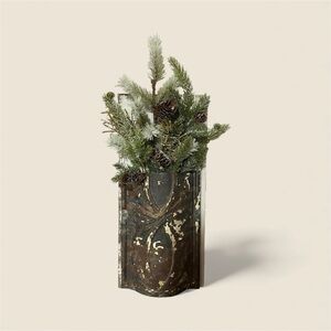 Rustic Tin Mounted on White Wood  Wall Decor with frosty Pine Greens & Pinecones